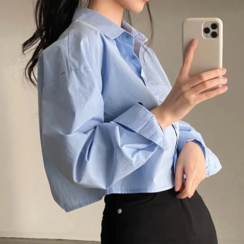 Zadily 2026 Spring New Casual Long Sleeve Women White Shirt Korea Style Solid Button Split Woman Crop Tops Blouse Party Clothing