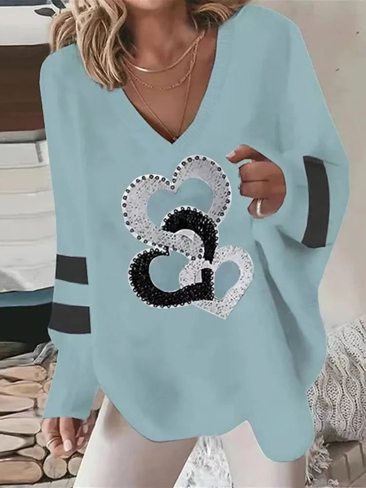 Chemisier Blanc Femme Love Print - Col V Manches Longues