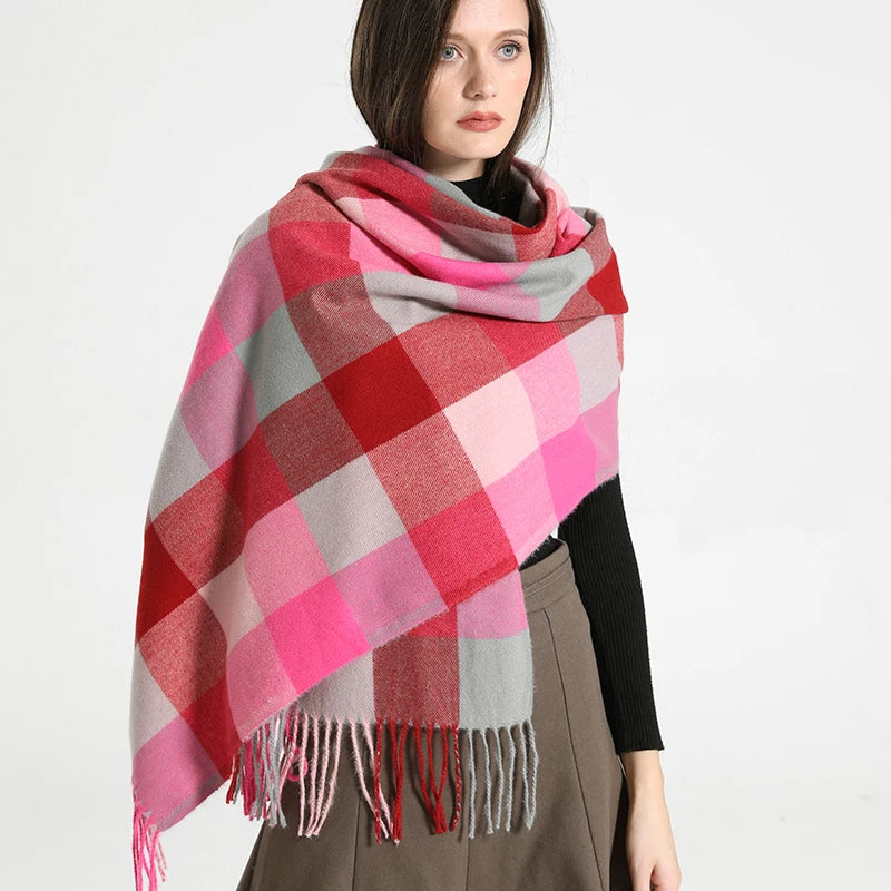 Women's Checkered Shawl Scarf – Soft & Warm Cashmere | 14 Colors