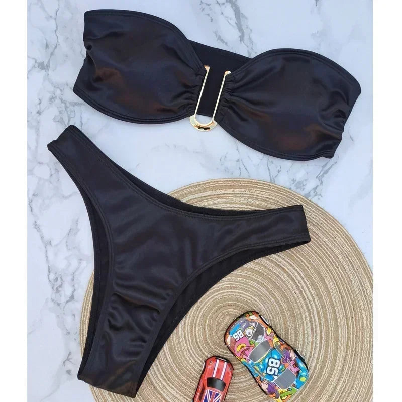 High Waist Bandeau Bikini Set – Push-Up Swimsuit for Women