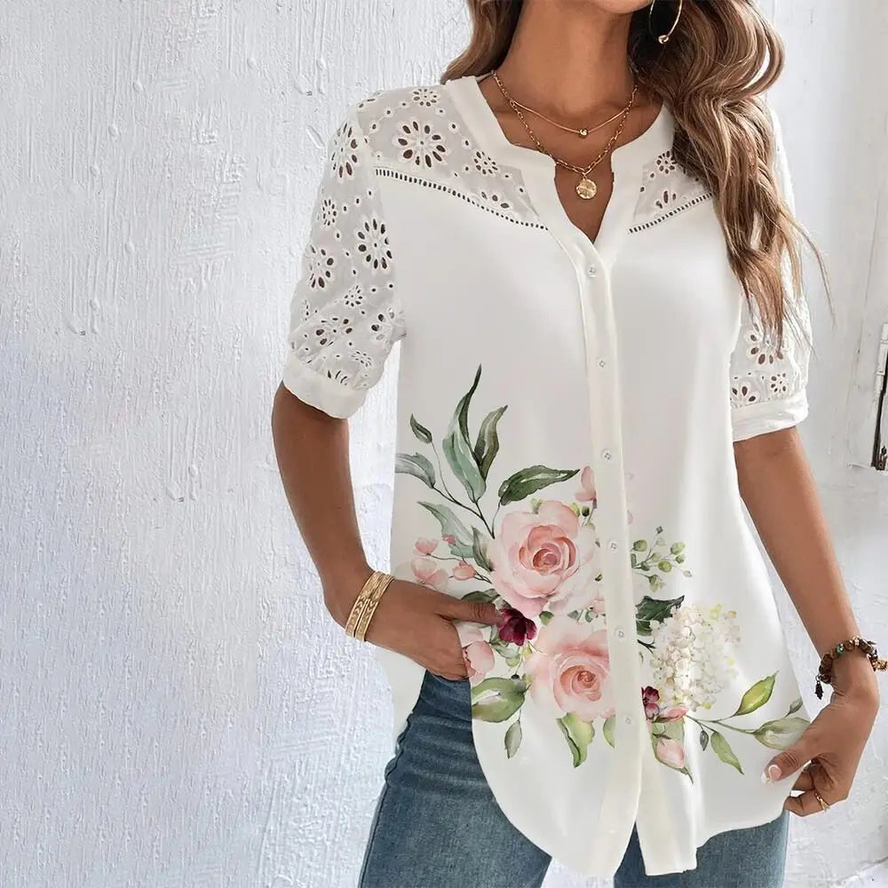 Chemisier décontracté en dentelle pour femme - Chemise ample à la mode pour femme - Blouse élégante à manches courtes - Vacances - Week-end