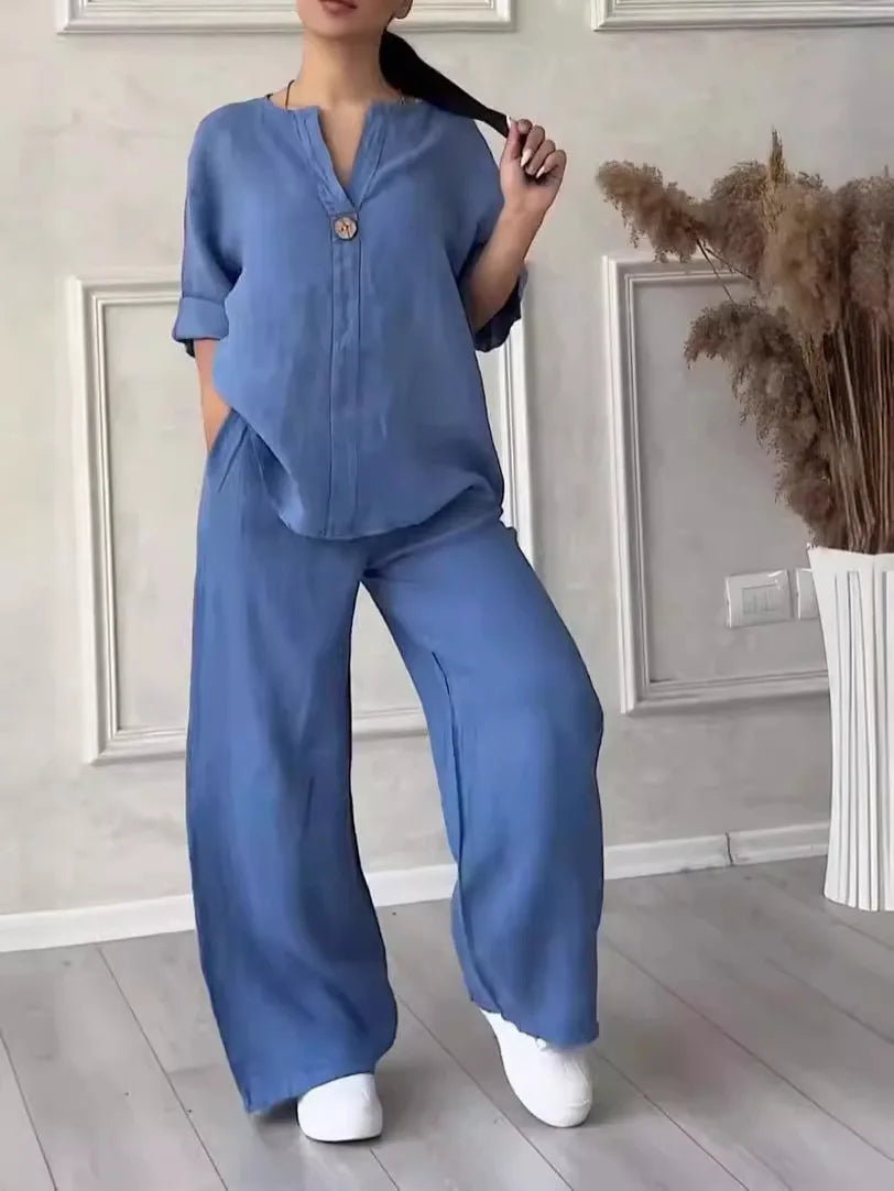 Cotton Linen Sets Two 2 Pieces Sale Casual Long Sleeve Button Loose Blouse Shirt&High Elastic Wide Leg Loose Pant Suits