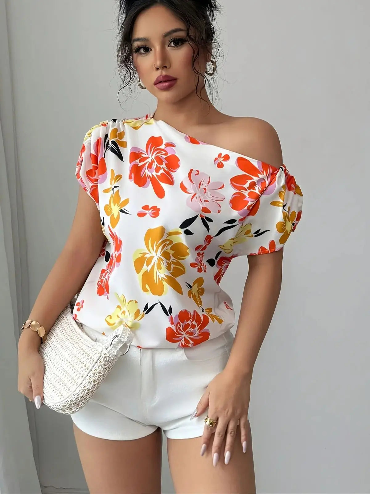 Fashionable Elegant Shoulder Design Floral Print Gentle Versatile Women's Top Stylish Trendy Ladies' Shirt