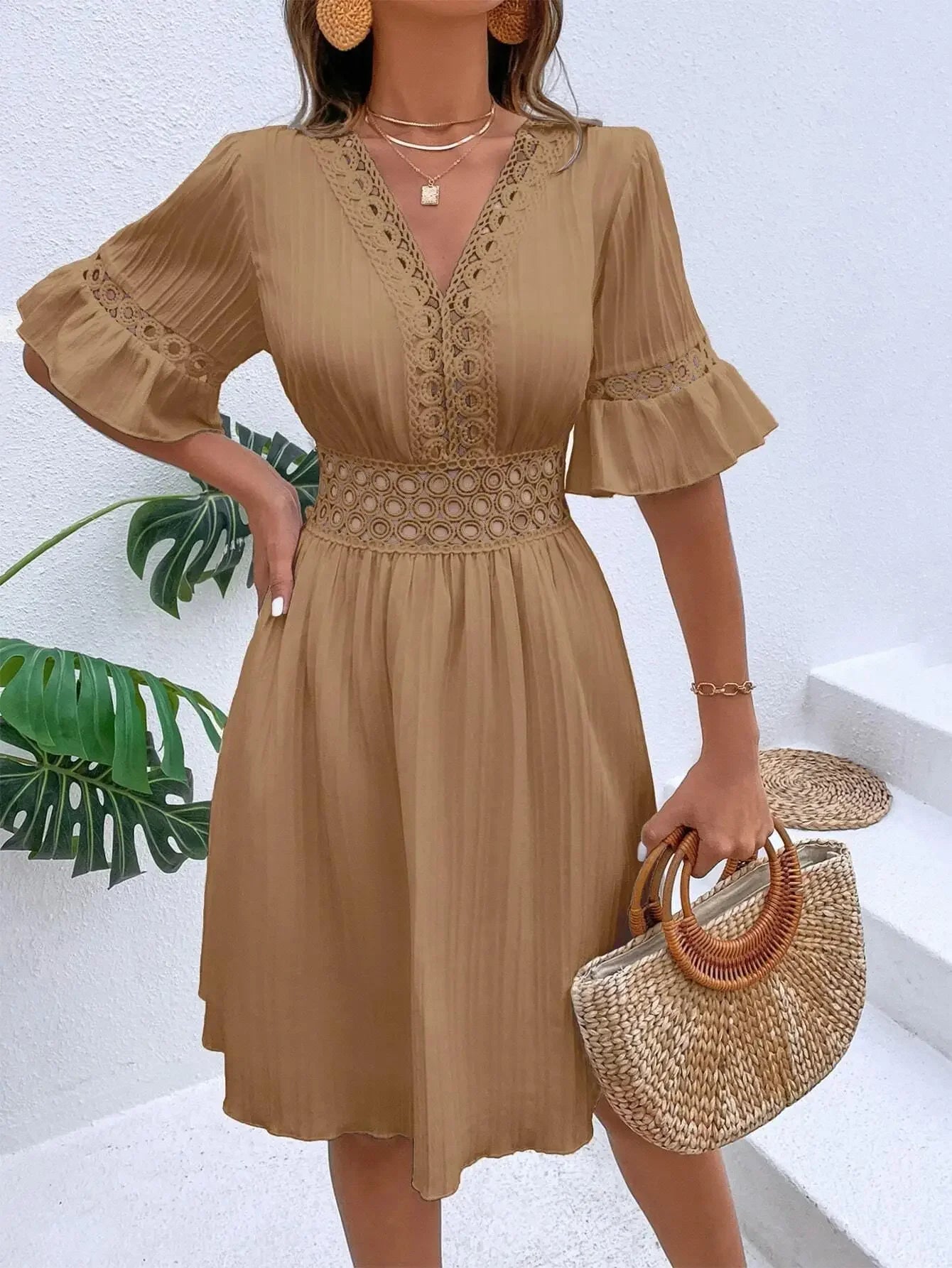 Women's Solid Dress 2026 New Summer Temperament Fashion Hollow Out V-neck Flared Sleeves Casual Women's Dress White Beach Dress