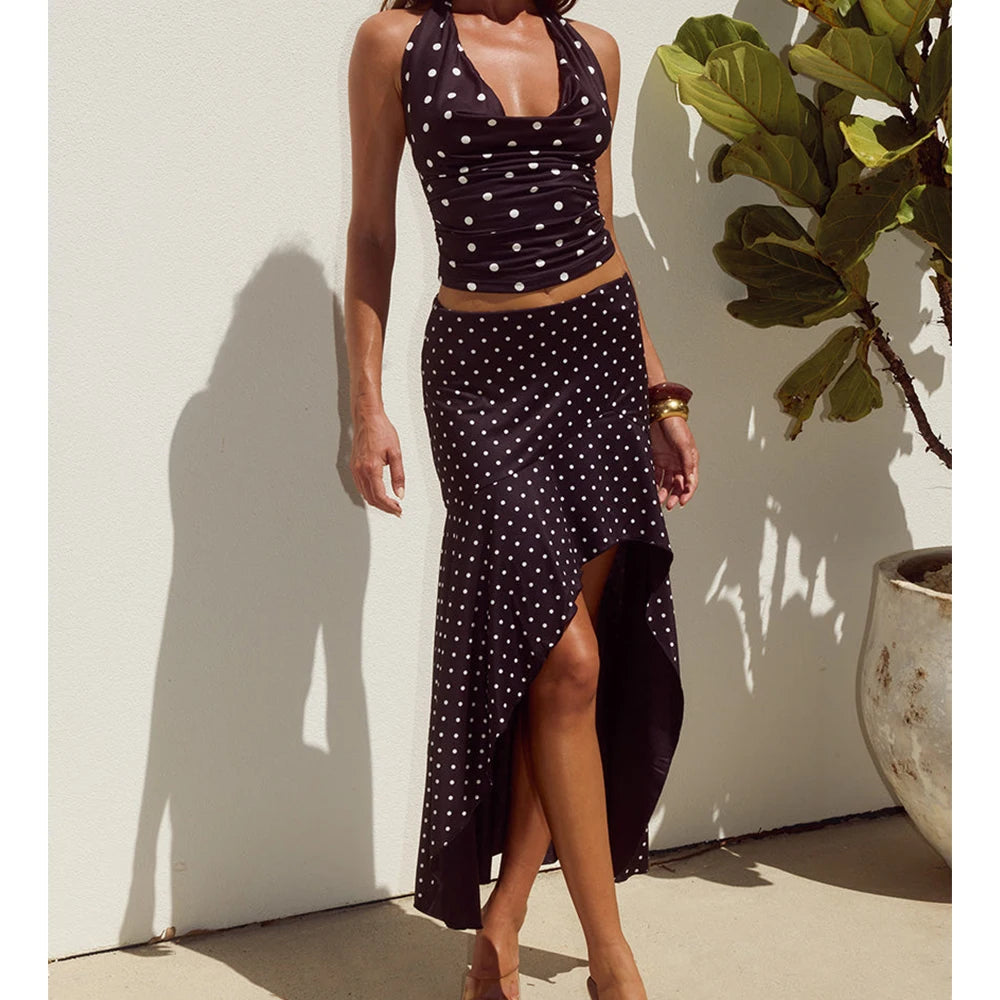 Women Summer Vintage Two Pieces Outfits y2k Aesthetic Polka Dots Print Tie-up Backless Tanks Tops+Low Waist Irregular Skirts