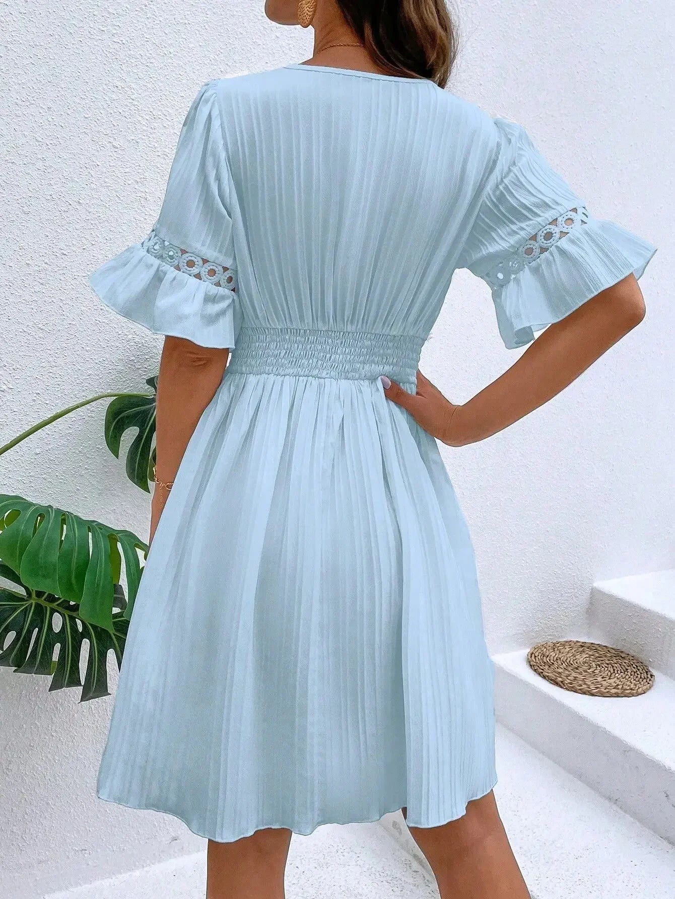 Women's Solid Dress 2026 New Summer Temperament Fashion Hollow Out V-neck Flared Sleeves Casual Women's Dress White Beach Dress