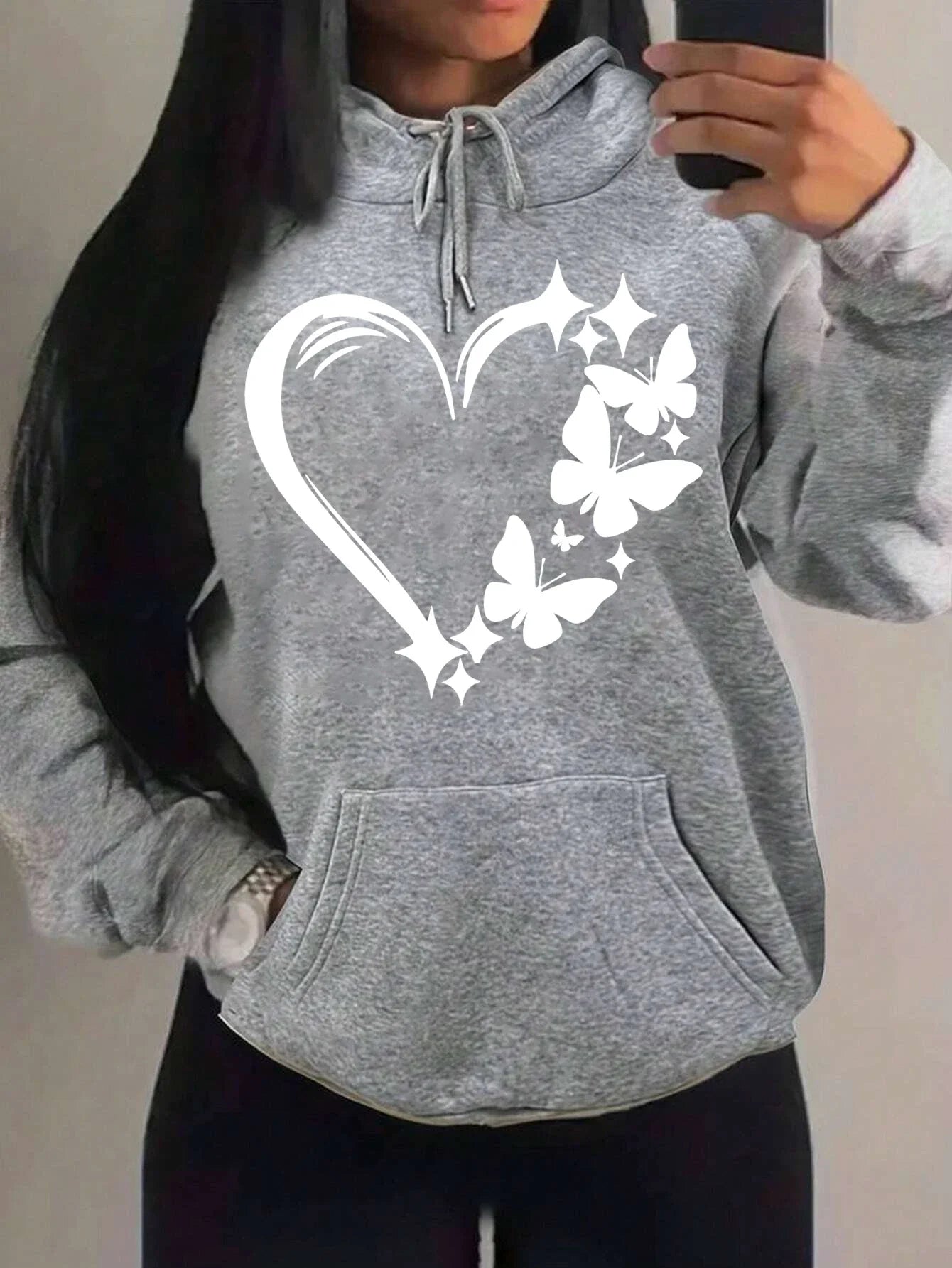 Sweat à capuche Femme Motif Amour et Papillon Hip Hop Streetwear Poches Vêtements Rétro Multicolore