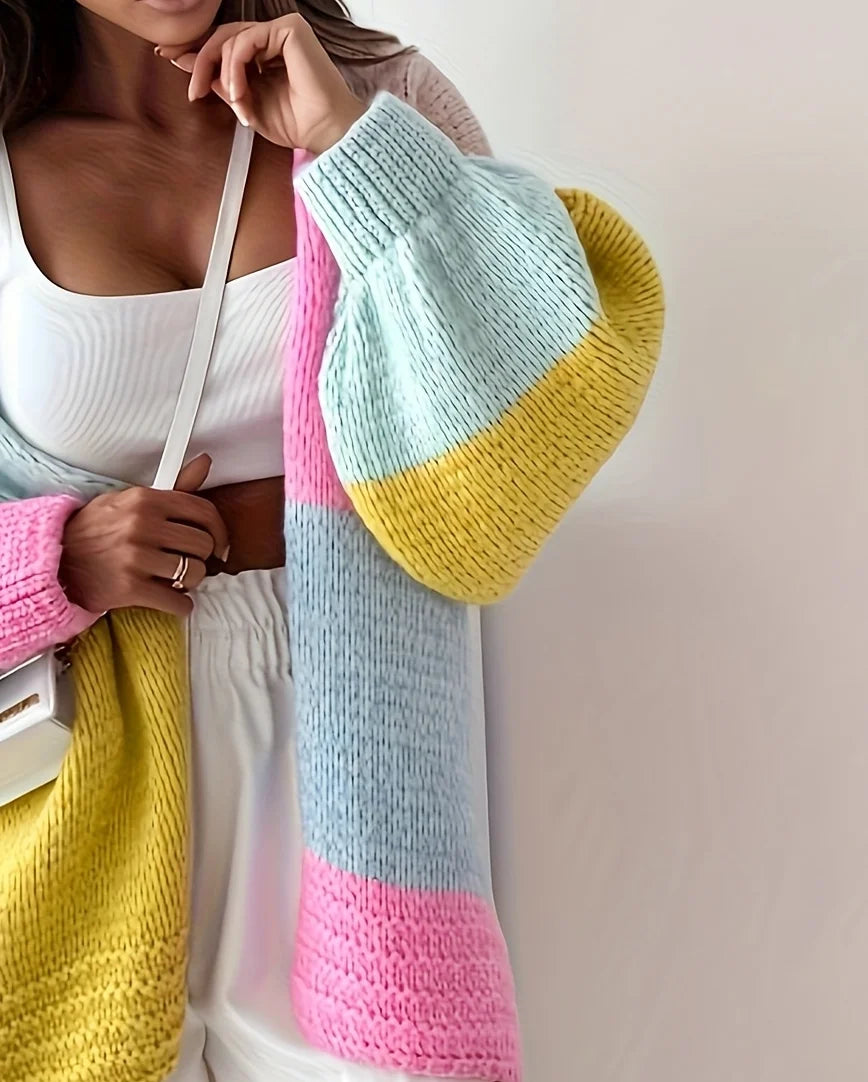 Cardigan Femme Automne Hiver - Gilet Tricot Couleurs Contrastées