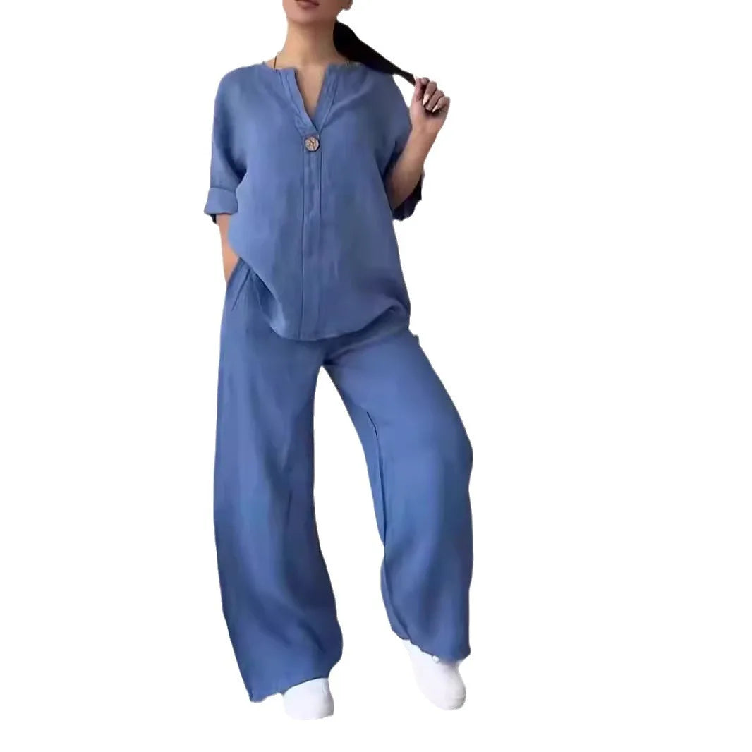 Cotton Linen Sets Two 2 Pieces Sale Casual Long Sleeve Button Loose Blouse Shirt&High Elastic Wide Leg Loose Pant Suits