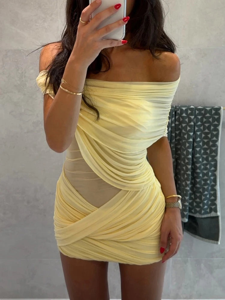 Kliou Sexy See Through Mini Dress Woman Slash Neck Backless Skinny Peach Buttocks Hot Girls Midnight Club Party Hipster Bodycon