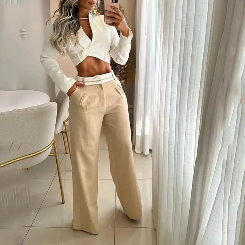 Ensemble Crop Top et Pantalon Large Femme - Tailleur 2 Pièces Élégant