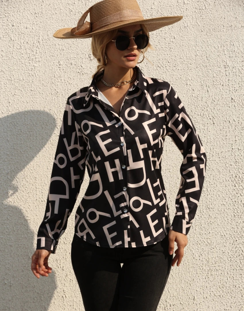 Elegant Women's Fashion Blouse 2026 Spring/Summer Digital Print Shirt Commuter Slim Fit Office Female Tops