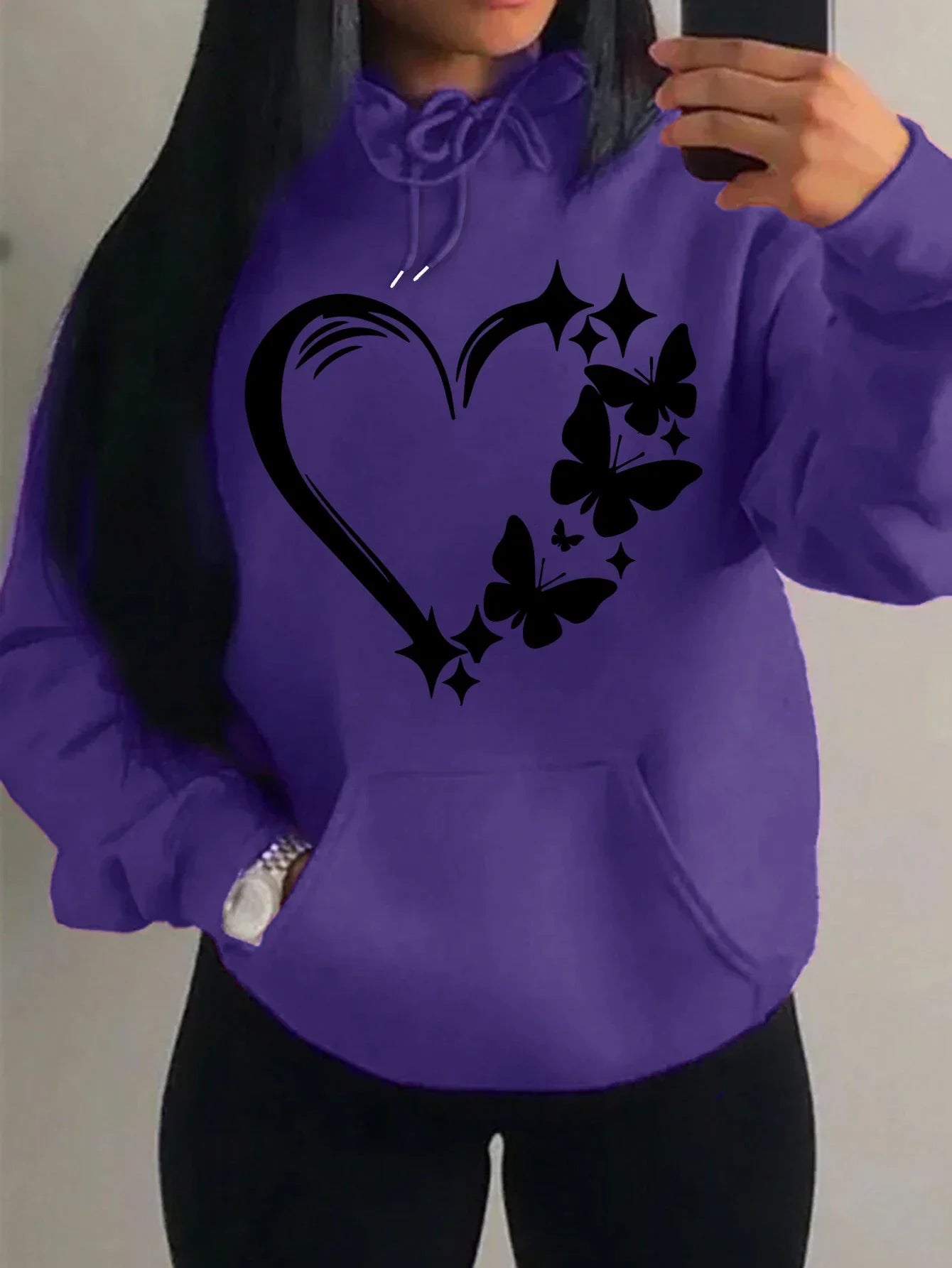 Sweat à capuche Femme Motif Amour et Papillon Hip Hop Streetwear Poches Vêtements Rétro Multicolore