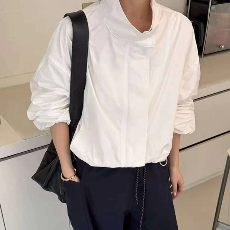 Women's Short Trench Coats Fashion Simple Design Solid Stand Long Sleeve Zipper Windbreaker 2025 Autumn New Casual Lady Jacket