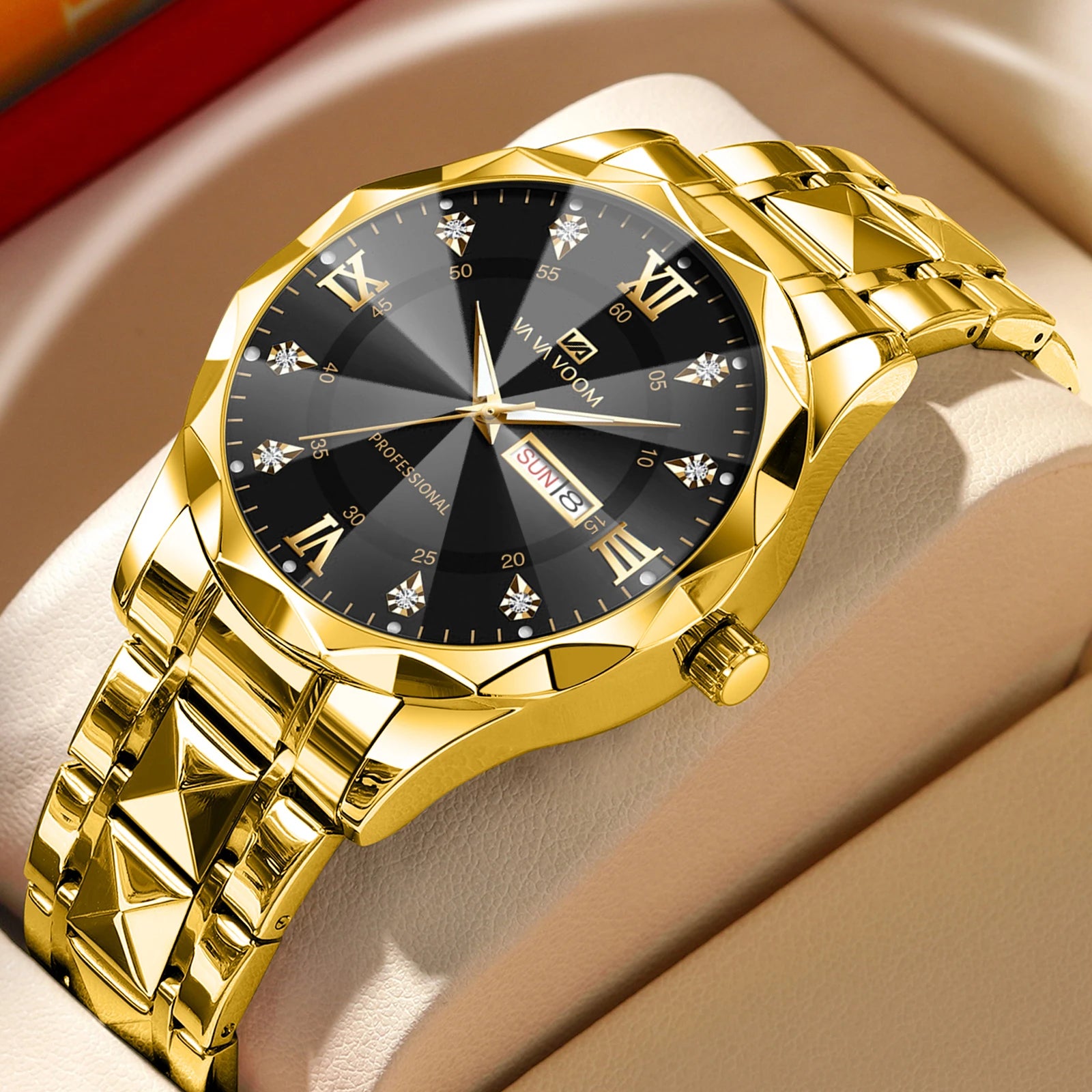 2026 New Men's Watch Fashion Rivet Stainless Steel Strap Luxury Water Diamond Diamond Luminous Blue Gold Dial Business Men Watch