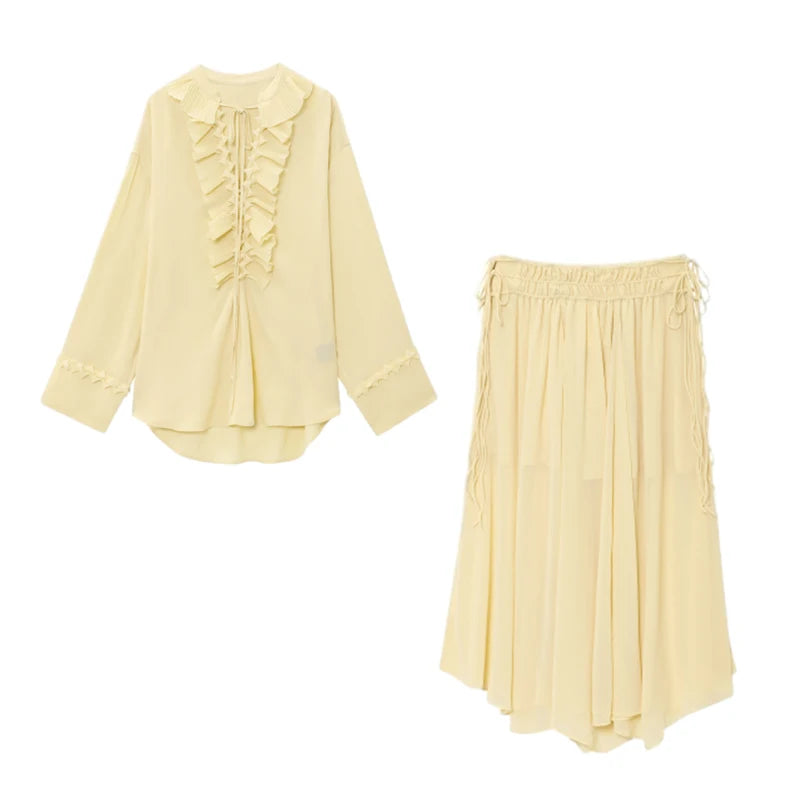 Ensemble assorti blouse jaune et jupe pour femmes, deux pièces décontractées amples, nouvelle collection printemps été 2025, ensemble robe couleur unie