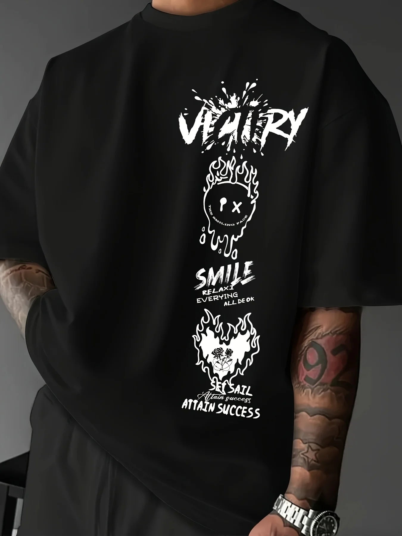 Men's 100% pure cotton fashionable casual comfortable loose creative graffiti print sports round neck short sleeved T-shirt top