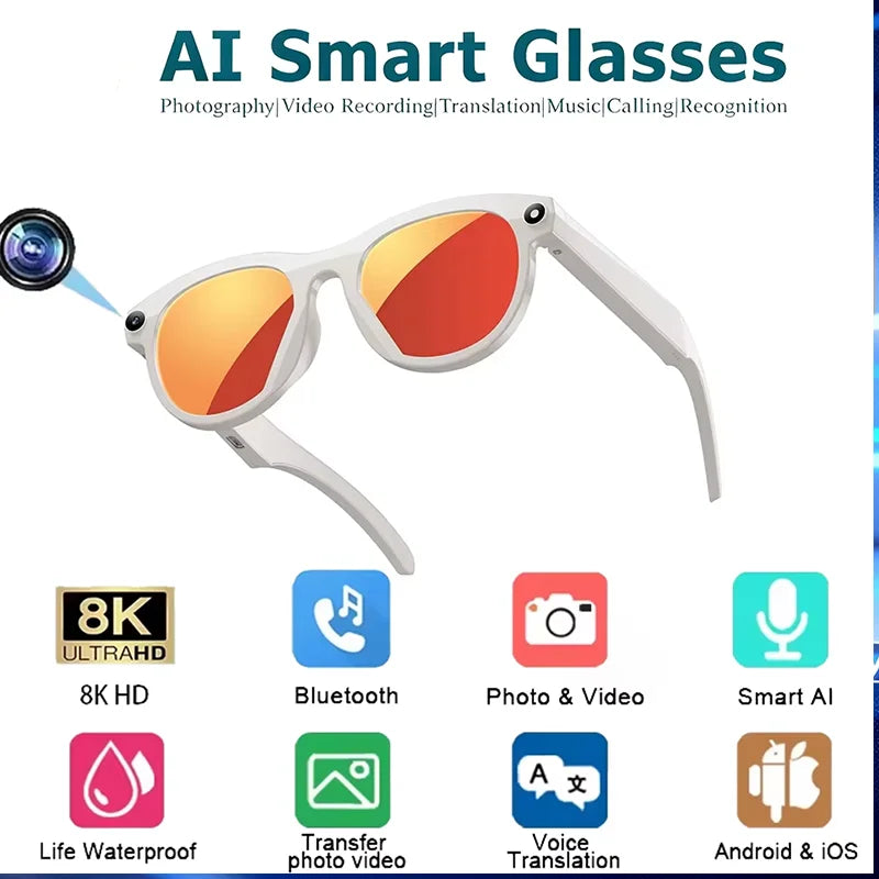 Lunettes caméra intelligentes IA, traduction, caméra 8K HD, multifonctions, Bluetooth 5.3, appels, assistant vocal, musique (nouveauté)