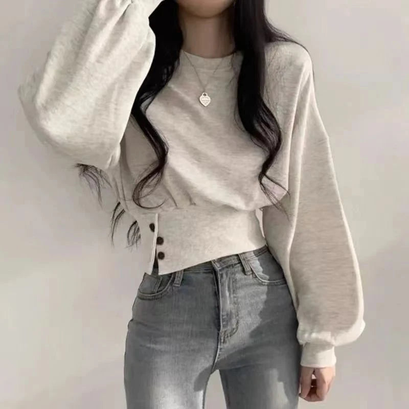 Women's Crop Top with Round Neck and Lantern Sleeves – Korean Streetwear Style