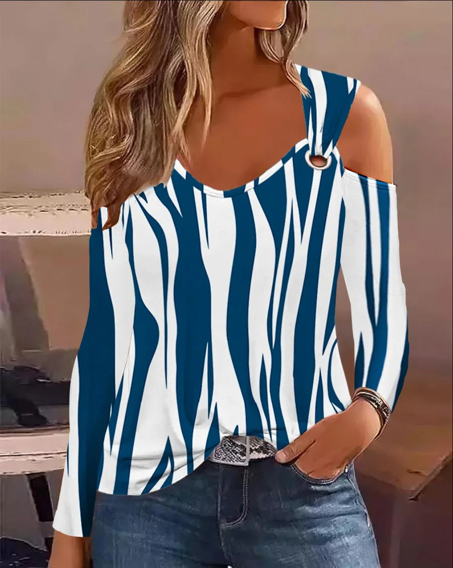 Fashion Woman Blouse 2026 Spring Denim Look Print Cold Shoulder Eyelet Casual Long Sleeve Daily T-Shirt Top Y2K Clothes