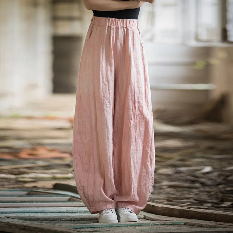LANMREM Casual Cotton Linen Lantern Pants Women Elastic High Waist Solid Color Versatile Trousers 2025 Spring New 2Z2136