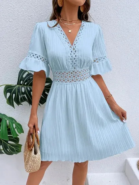 Women's Solid Dress 2026 New Summer Temperament Fashion Hollow Out V-neck Flared Sleeves Casual Women's Dress White Beach Dress