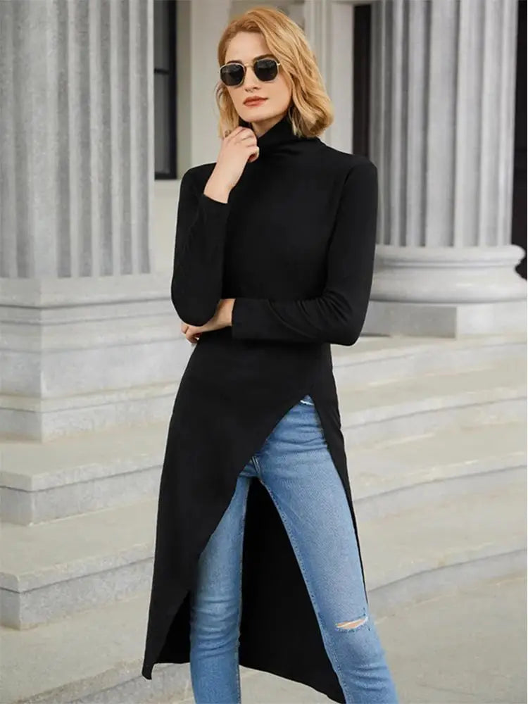 Asymmetrical High Neck T-Shirt with Side Slit – Slim Fit Long Sleeve Top