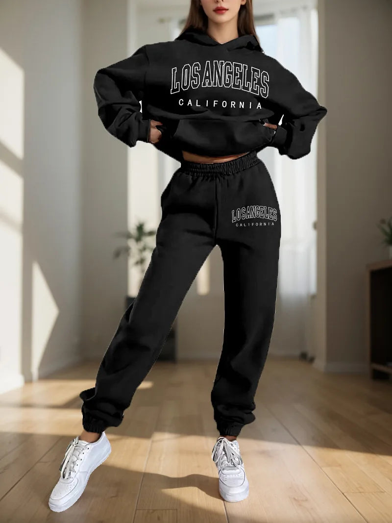 Ensemble deux pièces pour femmes, sweat à capuche et pantalon de survêtement, imprimé lettres, survêtement à capuche deux pièces pour femmes