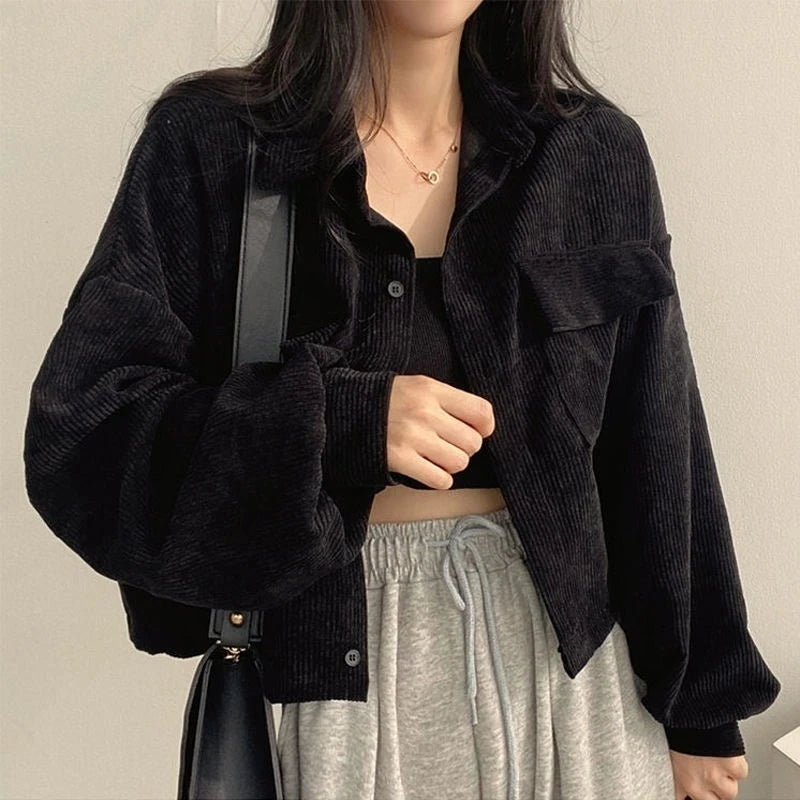 Women's Corduroy Jacket – Retro Loose Fit, Square Collar, Autumn-Winter