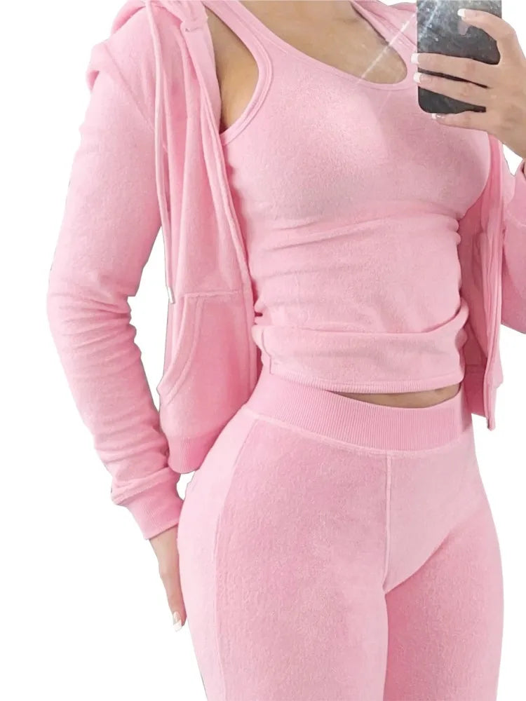 Ensemble 3 Pièces Femme Automne Hiver - Sweat Gilet Pantalon Velours