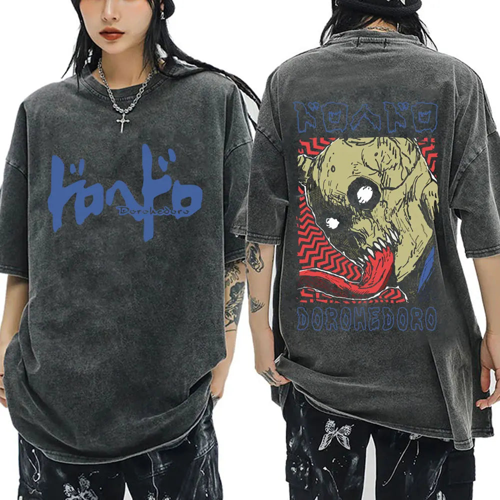 2026 Japanese Anime Dorohedoro Kaiman Vintage Washed T-shirt Men Women Cool Manga Graphic T-shirts Gothic Horror Tee Shirt
