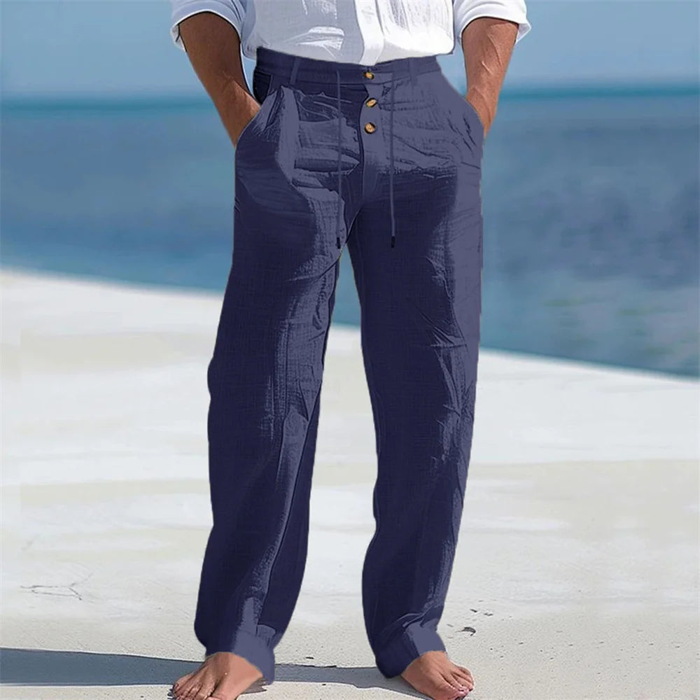 Men's Autumn Spring Cotton Pants Casual Breathable Cozy Trousers Button Drawstring Design Beach Style Vacation Long Pants