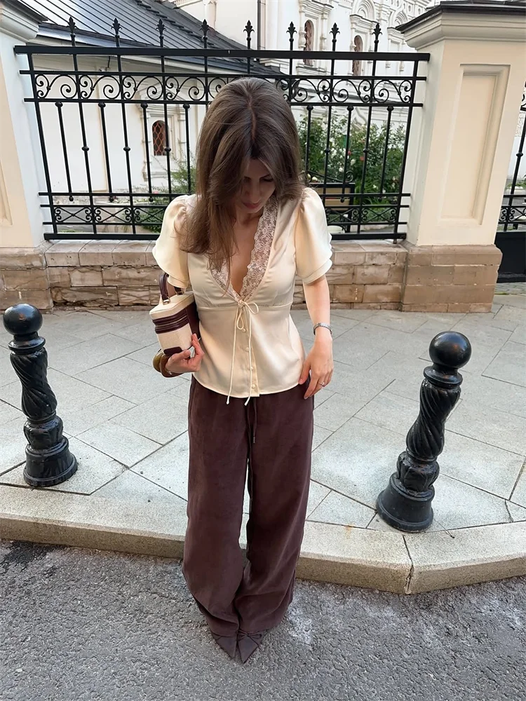 Women's V-Neck Lace Blouse – Button and Lace-Up Spring/Summer 2025