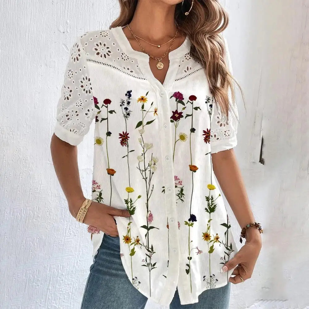 Chemisier décontracté en dentelle pour femme - Chemise ample à la mode pour femme - Blouse élégante à manches courtes - Vacances - Week-end