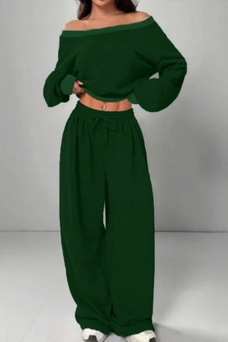 Ensemble oversize pour femme, idéal pour l'automne et l'hiver, avec épaules dénudées et manches longues, couleur unie. Taille élastiquée avec cordon de serrage.