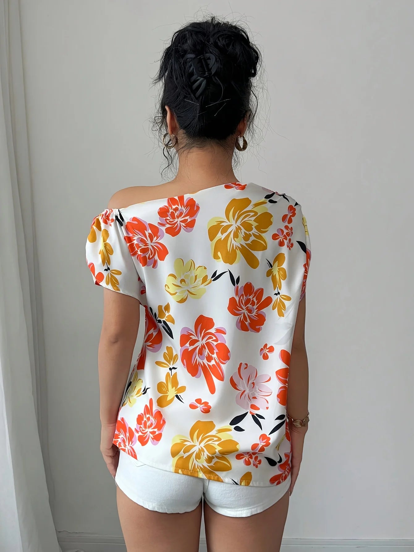 Fashionable Elegant Shoulder Design Floral Print Gentle Versatile Women's Top Stylish Trendy Ladies' Shirt
