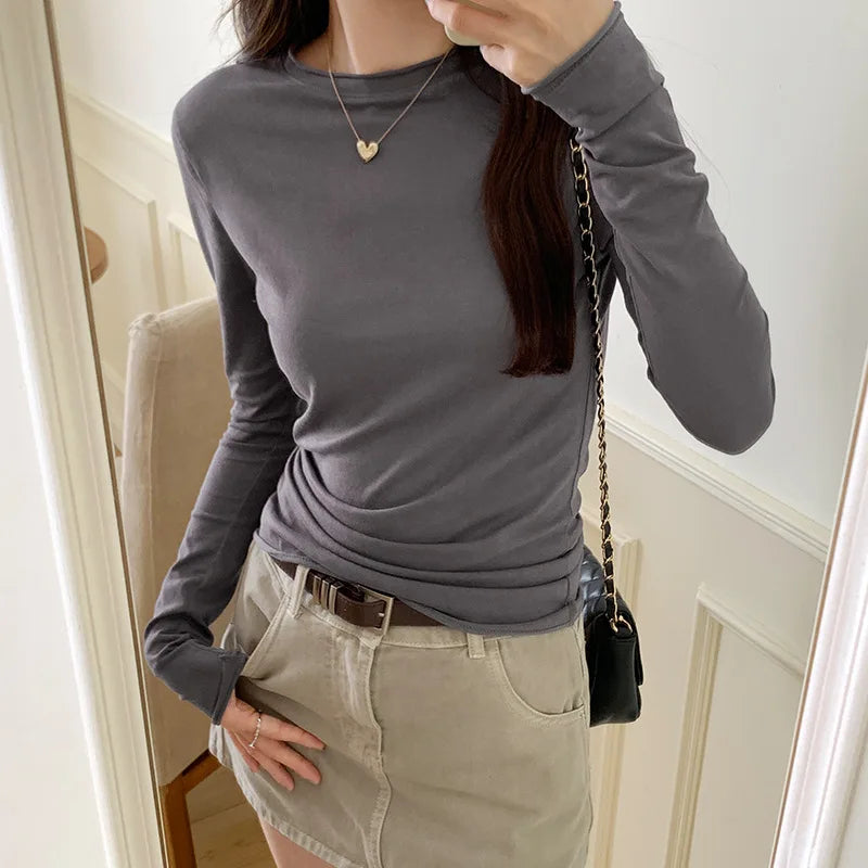 2026 Spring Autumn T shirt Women Tops Solid Slim Fit Long Sleeve O Neck Tshirts Female Casual Streetwear High Quality Base Tees