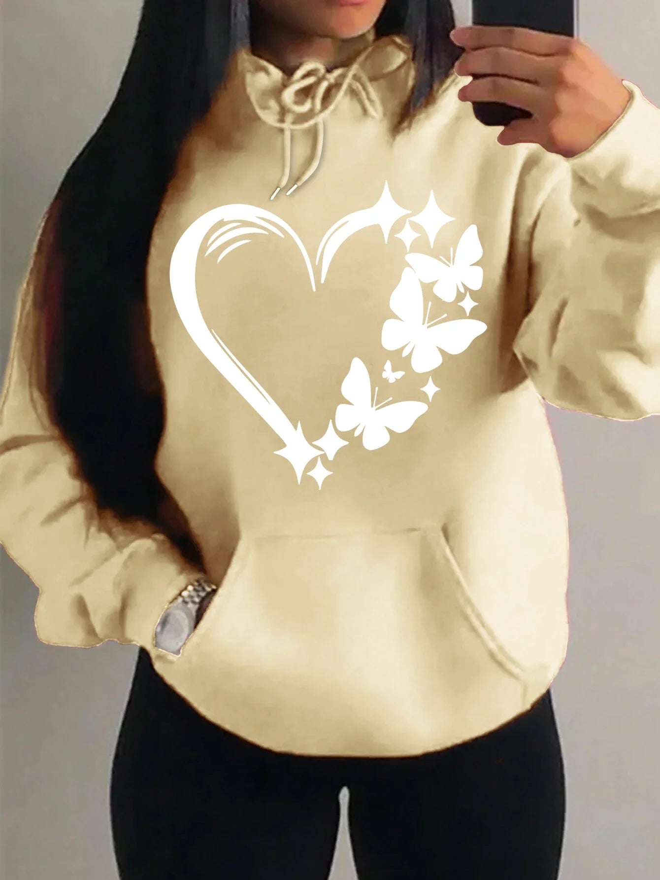 Sweat à capuche Femme Motif Amour et Papillon Hip Hop Streetwear Poches Vêtements Rétro Multicolore