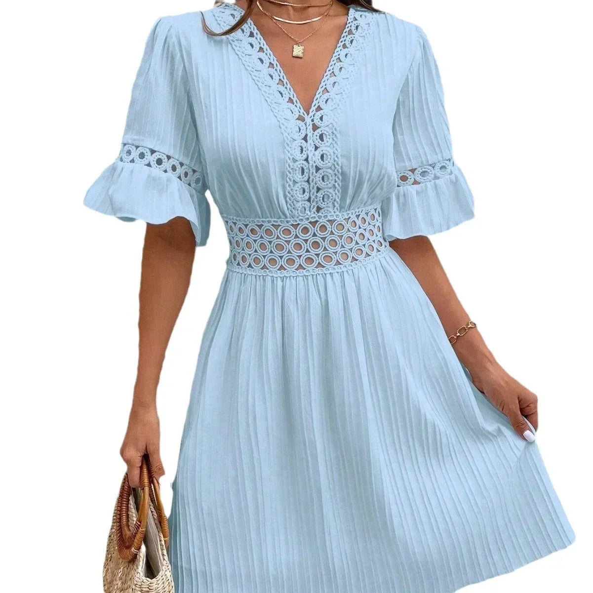 Women's Solid Dress 2026 New Summer Temperament Fashion Hollow Out V-neck Flared Sleeves Casual Women's Dress White Beach Dress