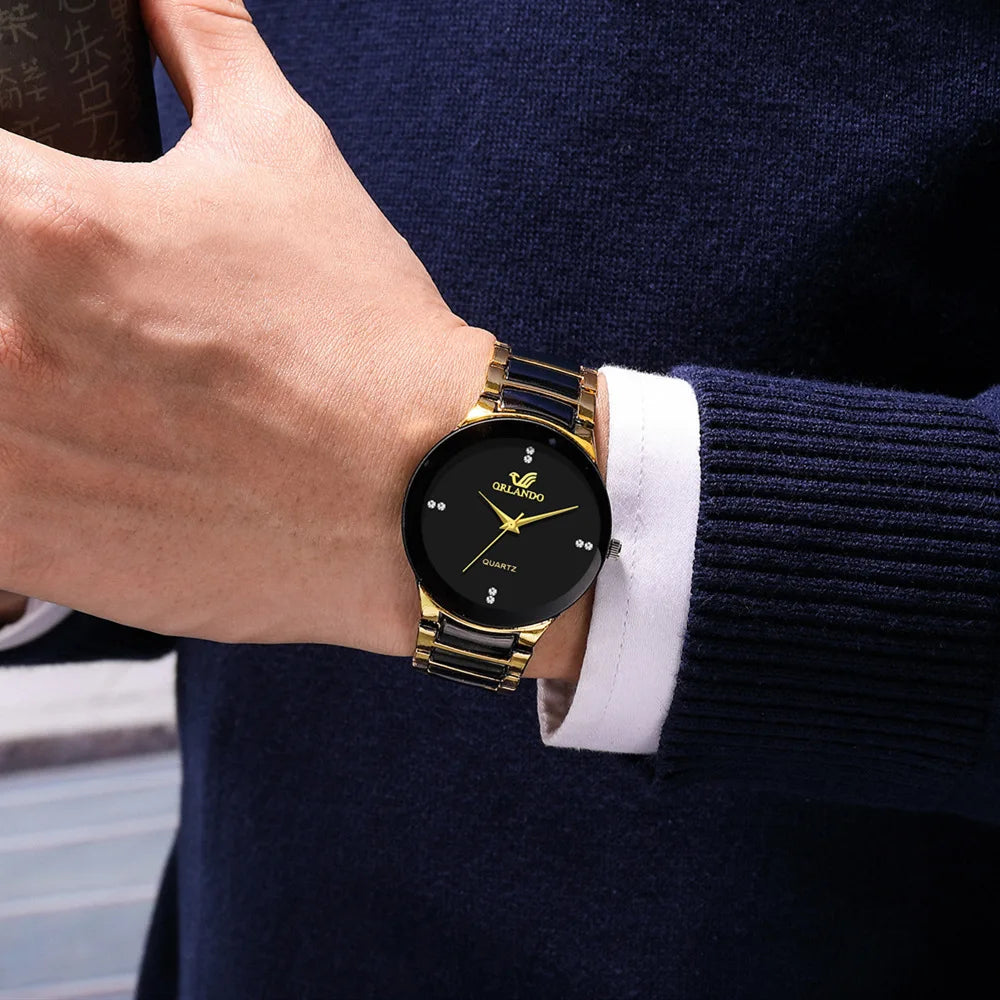 Men's Business Quartz Watch – Black Dial Steel Bracelet Round Case