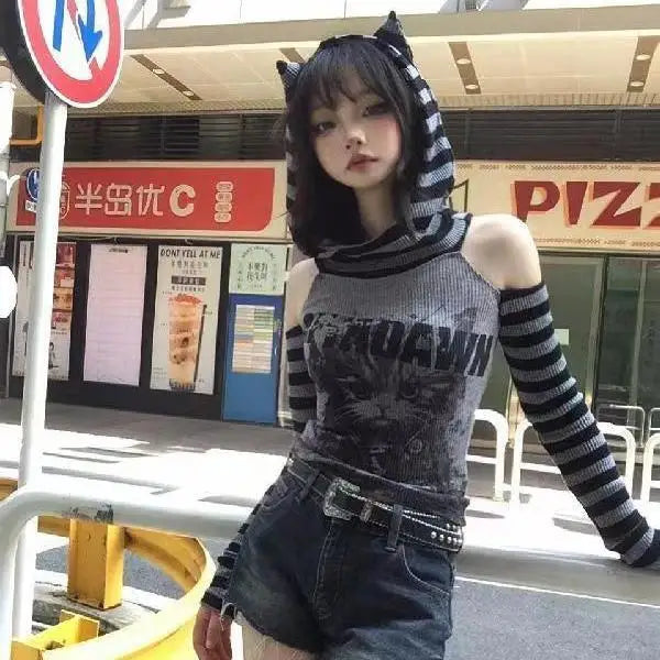 Stacked Collar Hooded Hollow Stripe Contrast Color Long Sleeve Sweatshirt Women Tshirt Japanese Soft Girl Slim Fit Short Top