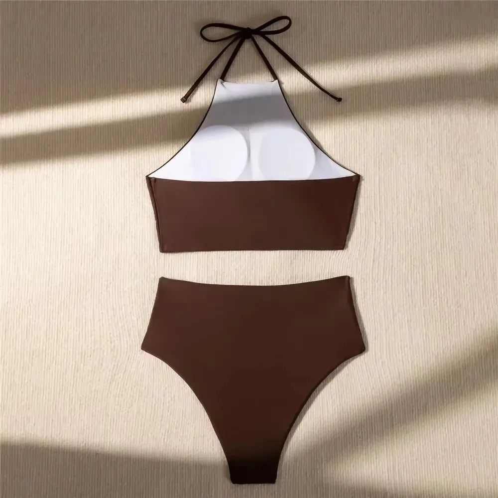 Dark Brown Solid Swimwears Halter String Push Up Bikini High Waist 2026 Ruched Sexy Swimsuit Swimming Suit Bikinis Sets Woman
