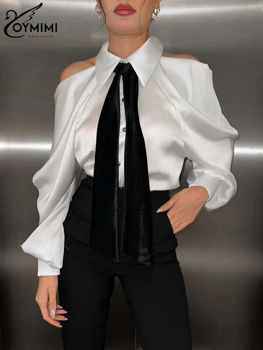 Oymimi Elegant White Patchwork Women's Shirt Fashion Lapel Long Sleeve Shirts Casual Necktie Off The Shoulder Button Blouses