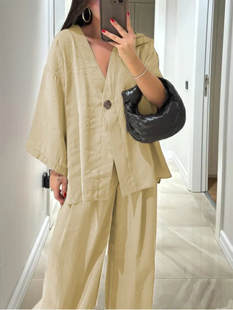 Casual Solid Cotton Linen Loose Shirt Pants Set Women Single Breasted Blouses Wide Leg Pants Suits Spring Summer Lady Outfits