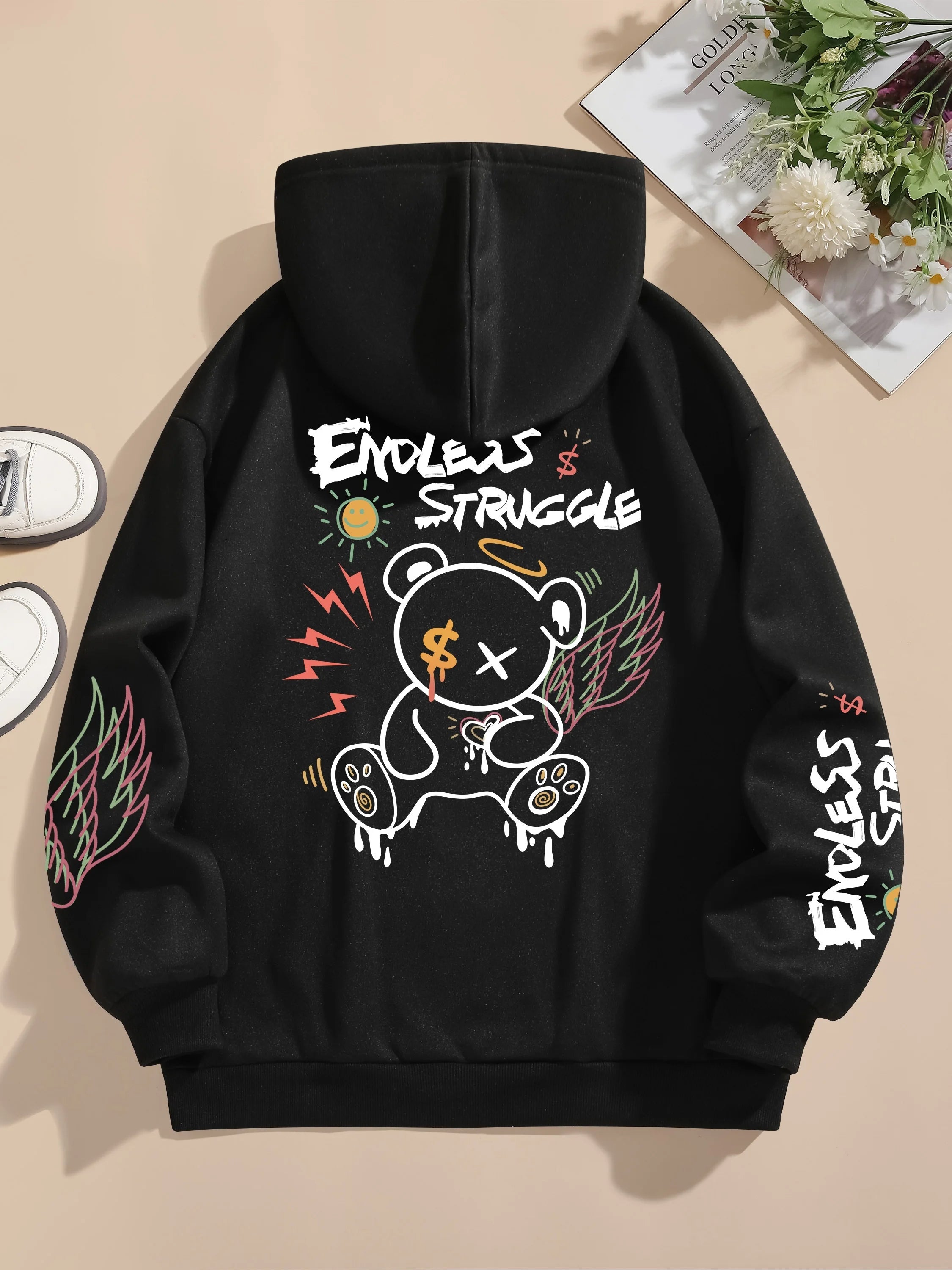 Sweat Femme Ours Graffiti Street - Hoodie Col Rond Loose Polaire Chaud