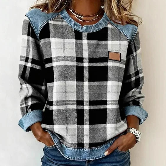 Sweat Femme Printemps Automne - Pull Patchwork Col Rond Loose Fit