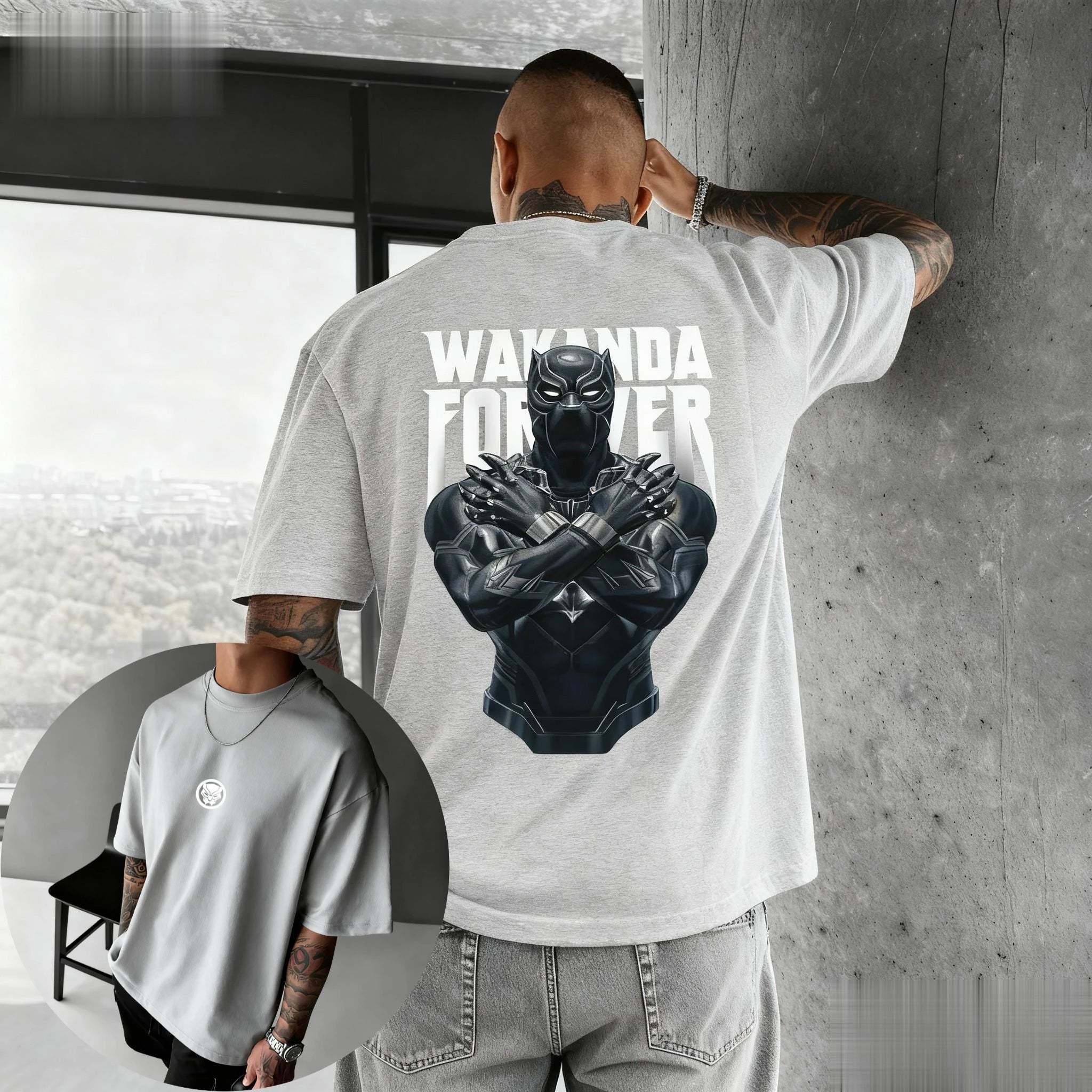 The Man's Multi-color T-shirt with Black Panther Pattern and Striped Background Design Is A Surprising Casual Streetwear