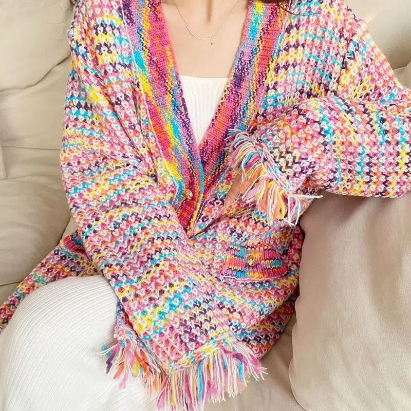 Spring Autumn New Rainbow Gentle Little Fragrance Flowing Suede Sweater Coat for Women's Loose and Lazy Knitted Cardigan Outwear