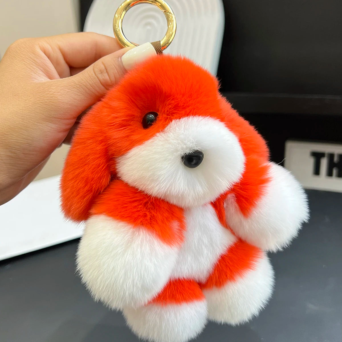 Genuine Rabbit Fur Pom-Pom Keychain – Cute Plush Dog | Bag Charm
