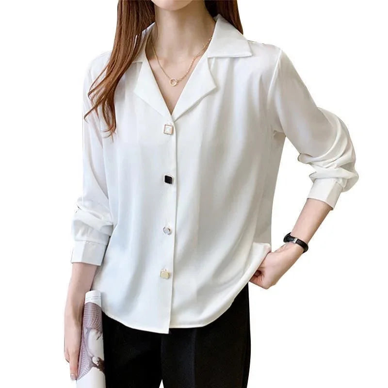 Spring Autumn Elegant Women Shirts 2025 Solid V Neck Buttons Chiffon Blouse Loose Casual Korean Trendy Black Straight Mujer Tops